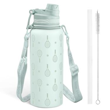 Imagem de SANDJEST Garrafa de água de aço inoxidável de tênis com alça de 940 ml, garrafas isoladas com canudo e tampa de bico para academia, esportes, viagens ao ar livre, presentes para mulheres, meninas