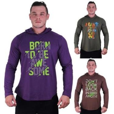 Imagem de Kit 3 Camisetas Manga Longa com Touca Longline Estampada Treino Academia Lazer Casual-Masculino