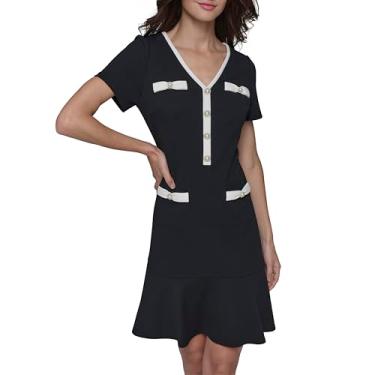 Imagem de KARL LAGERFELD Minivestido feminino de manga curta com decote em V e botão de pérola e detalhe de laço, Preto e branco macio, 48