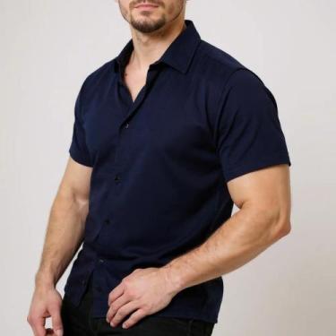 Imagem de Camisa Masculina Social Botão Manga Curta Slim - Volgue, Azul marinho,