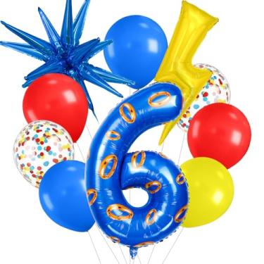 Imagem de Zailo 40-inch Red, Blue and Yellow Number large Balloons with Exploding Stars and Lightning, Cartoon Hedgehog Birthday Decorations, Video Game Themed Balloons for Boys Birthday Party (Number 6)