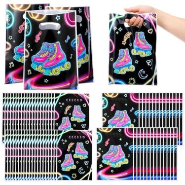 Imagem de MBAIYO 80 peças, bolsa de presente de plástico para skate que brilha no escuro com cores neon, decoração de festas de patinação para adolescentes, aniversário, retrô, anos 80, 90, suprimentos de festa