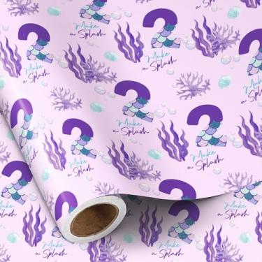 Imagem de RUSPEPA Rolo de papel de embrulho de 2º aniversário, mini rolo, cauda de sereia roxa número 2 e embrulho de presente com texto "Make a Splash" para meninas, festa de aniversário infantil, 43 cm x 40