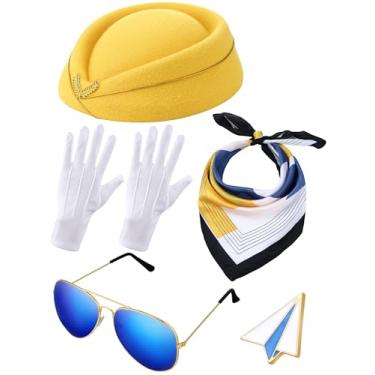 Imagem de Bencailor 6 peças de acessórios de fantasia de comissária de bordo de Natal para mulheres, roupas de aeromoça, chapéu de sino, cachecol e luvas de óculos de sol (amarelo)