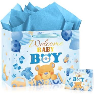 Imagem de Bolsa de presente grande para chá de bebê, chá de bebê, meninos, bem-vindo, com papel de embrulho e cartão, ursinho de pelúcia, para recém-nascidos, artigos de festa de aniversário