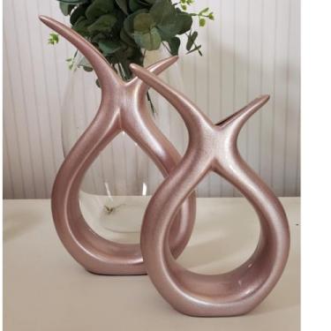 Imagem de Decoração Sala, Kit 2 Dupla de Vasos Enfeite Decorativos Rack Sala Aparador de CerâMica Enfeites Sala Decoracao Mesa(ROSE GOLD DUPLA EST)