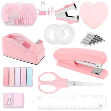 Imagem de Kit de acessórios de mesa de escritório rosa conjunto prático de material de escritório com grampeador, grampeador, grampeador, fita adesiva, fitas transparentes, régua, clipes de tesoura, pinos