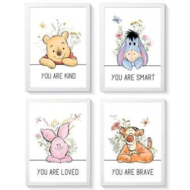 Imagem de Conjunto de 4 arte de parede emoldurada com citação do Ursinho Pooh, Boho Educational You are Brave Strong Smart Kind de madeira, decoração de parede de berçário inspiradora para bebês meninas e