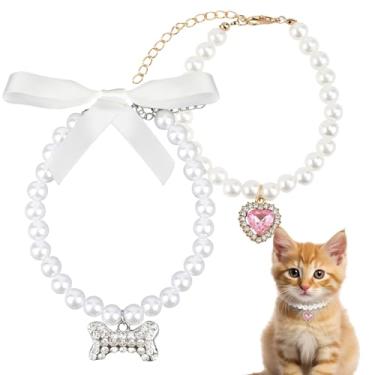 Imagem de 2 coleiras de pérola, gato, cachorro, filhote, colar de pérolas, coleira de casamento ajustável, pingente de animal de estimação fofo, coração, strass, joia para meninas, gatos, cães, acessórios