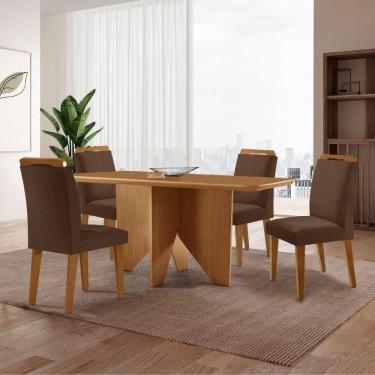 Imagem de Mesa Evora 120 Mdf Canto Copo E Com 4 Cadeiras Athenas Veludo Marrom Naturalle