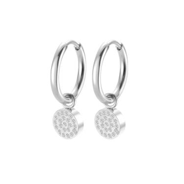 Imagem de Edforce Stainless Steel Brincos femininos de argola com pingente pequeno e fofo, Aço inoxidável, Zircônia cúbica