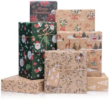 Imagem de Larcenciel Conjunto de papel de embrulho de Natal, 6 folhas com etiquetas, adesivos, barbante e fita, papel de embrulho kraft clássico, verde marrom elegante para presente de Natal para meninas