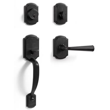 Imagem de SORWDUERM Conjunto de maçanetas de porta frontal e fechadura de bronze polido a óleo com cilindro único de fechadura e chave