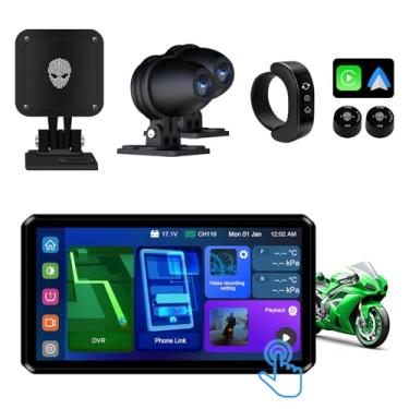 Imagem de AlienRider M12S Sistema inteligente de transmissão de motocicleta, aviso de ponto cego de radar de ondas milimétricas de 77 G, CarPlay sem fio/Android Auto, transmissão retrovisora LCA, câmera HD