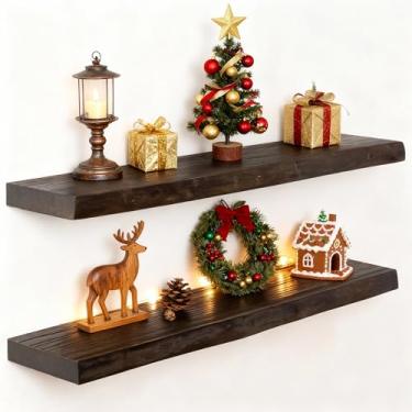 Imagem de Prateleiras flutuantes de 76 cm, prateleira flutuante de madeira de olmo maciça, prateleiras de exibição montadas na parede com suporte resistente para livros, prateleira de madeira rústica para