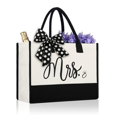 Imagem de butarfe Bolsa de lona Mrs, bolsa de presente personalizada para chá de panela, preto e branco, elegante e grande, para festa de despedida de solteira, noivado, lua de mel, presentes de Miss to Mrs