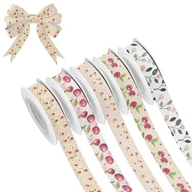 Imagem de SEHANY 5 rolos de fita de Natal 0,59 polegadas 5 jardas fitas de tecido cereja vermelha fitas de cetim festival fitas decorativas de Natal para embrulho de presente faça você mesmo artesanato grinalda