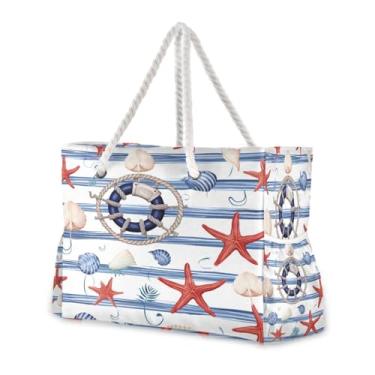Imagem de Wassud Bolsa de praia feminina grande, estrela-do-mar e concha, à prova d'água, à prova de areia, bolsa de viagem com zíper e bolso para piscina, academia, acampamento