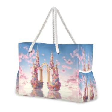 Imagem de Wassud Bolsa de praia bonita com arco grande, bolsa de praia para mulheres, impermeável, à prova de areia, bolsa de viagem com zíper e bolso para piscina, academia, acampamento