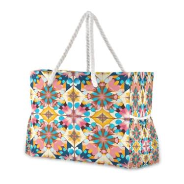 Imagem de Wassud Bolsa de praia colorida, formas geométricas, grandes bolsas de praia para mulheres, à prova d'água, à prova de areia, bolsa de viagem com zíper e bolso para piscina, academia, acampamento