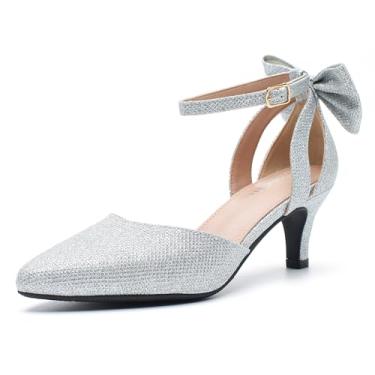 Imagem de Sapato social feminino de casamento, noite, laço, salto gatinho, tira no tornozelo, fivela, Glitter prata, 38