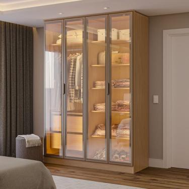 Imagem de Guarda-roupa 4 Portas Reflecta com Led 100% Mdf Orion CabeCasa MadeiraOriginals Olmo