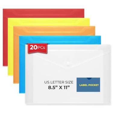 Imagem de Envelopes de plástico tamanho A4 20 peças com bolso para etiqueta e fecho de pressão - FLEXOFFICE - cores sortidas, pasta de arquivos de documentos com bolso para organização de escritório e trabalho