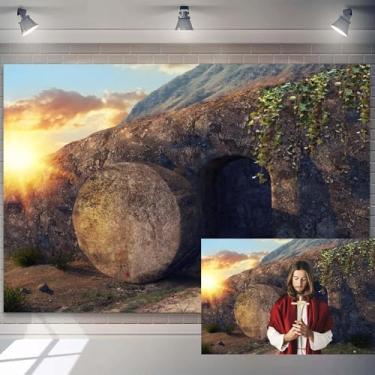 Imagem de Pano de fundo de 2,1 x 1,5 m da Ressurreição de Jesus, buraco vazio da tumba Ele ressuscitou ao nascer do sol para fotografia Senhor rezar, decoração de santuário de igreja, dia de Páscoa, luz sagrada