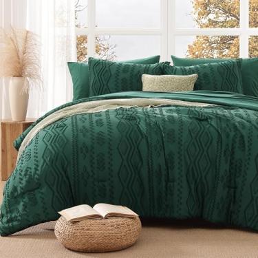 Imagem de AMBERSPACE Conjunto de edredom king tufado, boêmio, verde esmeralda, conjunto de cama de fazenda para todas as estações, cama chique gasto em uma bolsa com lençóis, fronhas e fronhas