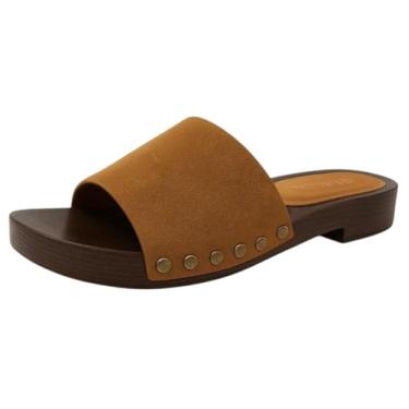 Imagem de TruFox Tamancos femininos de bico aberto de salto baixo com tachas, sandália de madeira sintética, sapatos vintage cravejados, Bronzeado, 35