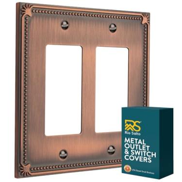 Imagem de Rio Salto Pearl Collection Vintage Vermelho Duplo Rocker Outlet Cover Interruptor de Luz Tomadas Elétricas 2 Gangs Tampas de Metal Antigo Decorativo Pérolas Afundadas (Cobre Vintage Fosco, 2 Balancim