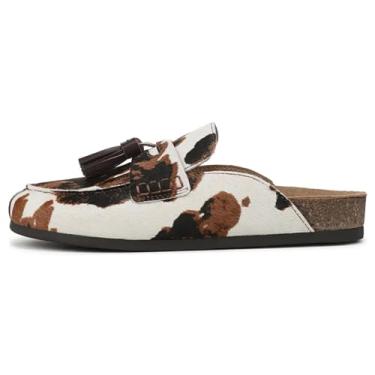 Imagem de ZJGZF Tamancos femininos de camurça sintética com borla de cortiça, mocassins planos confortáveis, tamancos de bico redondo, sapatos de caminhada, chinelos de outono, Vaca, 38 BR