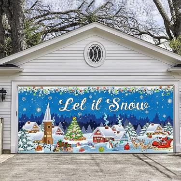 Imagem de Merry Christmas Banner para porta de garagem 1,8 x 4 m grande, Let it Snow Papai Noel rena boneco de neve capa de porta de garagem pano de fundo para festa de férias ao ar livre, jardim, gramado,