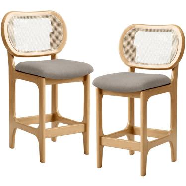 Imagem de Kit 2 Banquetas Baixa Bar Cozinha Sala de Jantar Betta L02 Mel Tela Linho Bege - Lyam Decor