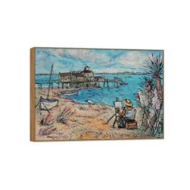 Imagem de BMZFYBS David Burliuk Famosas impressões em tela de arte de parede prontas para pendurar. Artista na praia. Pintura de moldura de madeira para decoração de sala de estar 90 x 125 cm 35 x 49 pol
