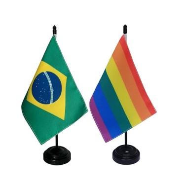 Imagem de Kit Bandeira de Mesa Brasil e LGBT, Dupla Face, 19x13cm, Base e Haste Plástico Preto, Tecido Oxford, para Escritório, Eventos, Festas