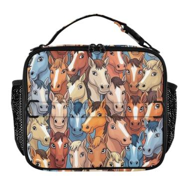 Imagem de Lancheira colorida de cavalos de sobrancelha azul para mulheres, meninas, lancheira com alça de ombro masculina e infantil, lancheira para trabalho e adultos, bolsa térmica