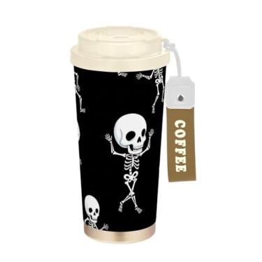 Imagem de TSENQUE Caneca de café de viagem de 473 ml com canudo e tampa de enchimento, caneca de café de aço inoxidável à prova de vazamento para escritório, escola, festa, acampamento, esqueletos de desenhos