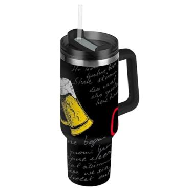 Imagem de Joisal Canecas Vermelhas Amarelas Cerveja Copos Pretos com Tampas e Canudo Garrafa de Água Isolada de Aço Inoxidável 1,134 g Copo com Alça Garrafa de Água Térmica Cabe no Copo do Carro