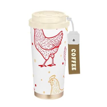 Imagem de Caneca de viagem de café 40 ml com canudo e tampa, revestimento cerâmico, isolamento a vácuo, paredes duplas, galinhas brancas