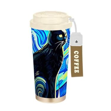 Imagem de TSENQUE Caneca de café de viagem 40 ml com canudo e tampa, revestimento cerâmico, isolamento a vácuo, paredes duplas, céu noturno azul gato preto