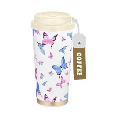 Imagem de TSENQUE Caneca de café de viagem 40 ml com canudo e tampa, copo de parede dupla isolado a vácuo com revestimento cerâmico, aquarela rosa azul borboletas brancas