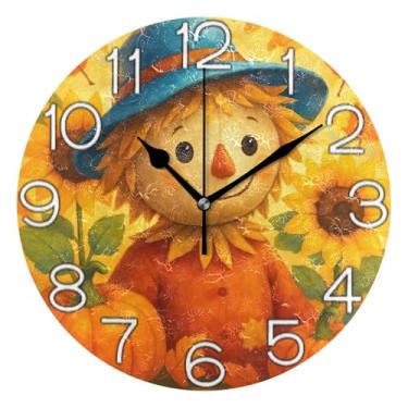 Imagem de GAIGEO Relógio de parede decorativo analógico para quarto e cozinha, operado a pilhas, decoração de parede de casa de fazenda moderna, girassóis bonitos, laranja, 25 cm, ponteiros dourados