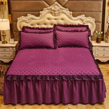 Imagem de Capa de colchão de casal com babados, saia acolchoada e elástico, para cama de solteiro e casal, cor marrom, 200x220cm, 1 peça