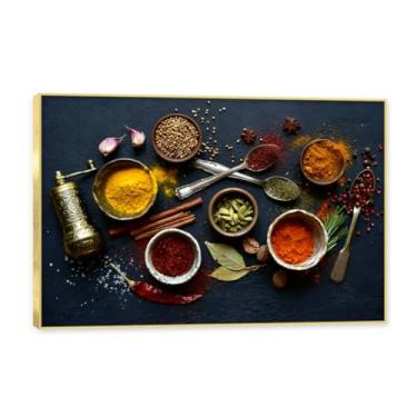 Imagem de NHLDZYH Moldura dourada. Arte de parede em tela de especiarias coloridas e colher de tempero | Decoração de cozinha vintage | Arte moderna para casa e sala de jantar. C13. 30 x 45 cm-11,8 x 17,7 pol