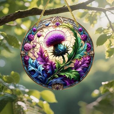 Imagem de Protetor solar de acrílico colorido, círculo floral de cardo de vitral 18 cm, decoração de parede de janela suspensa com design de vitral impresso, ideia de presente e ornamento de jardim, uso interno