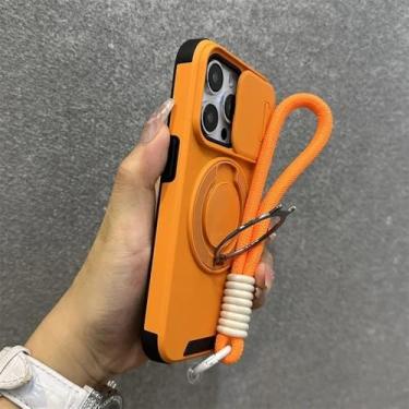 Imagem de Capa Armor com suporte magnético para iPhone 16e, 16, 14, 13, 12, 11, 15 Pro Max Plus, com cordão deslizante e proteção para câmera, à prova de choque, laranja, para iPhone 16 Pro Max