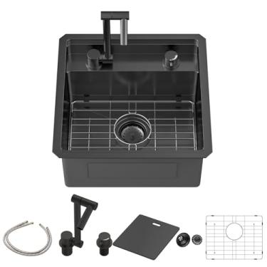 Imagem de Sarlai Pia de barra de montagem inferior preta com torneira dobrável - Pia de cozinha preta de 45,7 x 45,7 cm, estação de trabalho para trailers, aço inoxidável, calibre 16, tigela única, pia feita à