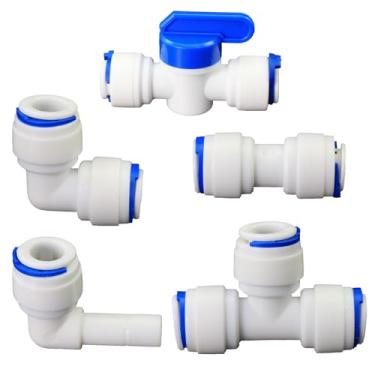 Imagem de Purificador de água Push-to-Connect Conjunto de válvula reta, cotovelo, T e esfera de 1,9 cm, tubos PE Push-to-Connect, compatíveis com filtragem de água RO, pré-purificador, adaptadores de plástico