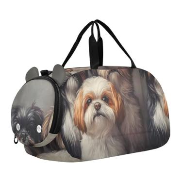 Imagem de Bolsa esportiva de viagem para meninos, burro, desenho animado, cavalo, durante a noite, para o fim de semana, bolsas de viagem, bolsa esportiva de dança, Cães realistas Lhasa Apso marrom, Clássico